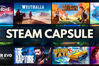 design steam capsule game banner, steam header cover art, game logo, game assets