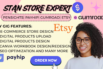 setup stan store digital products, payhip design, gumroad esty digital products