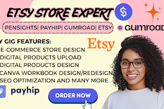 setup etsy shop digital products print on demand, gumroad esty digital planners
