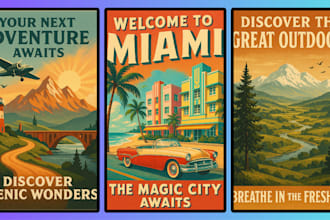 retro vintage poster landscape travel poster cinematic movie poster illustration