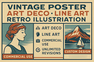 draw vintage retro illustration art deco travel poster line art comic