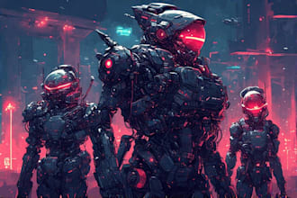 design futuristic mecha robots and pilots cyberpunk concept art