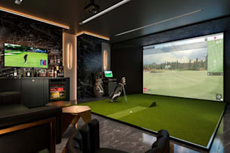 recreate 3d golf simulator room, interior furniture,vr golf course,cgi rendering