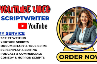write documentary script, movie script, comedy script, true crime, tv series