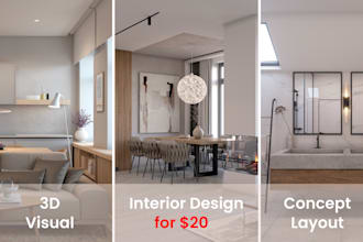 create a cozy 3d interior design concept for one room