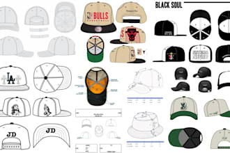do a premium cap, bucket hat, trucker cap tech packs, flat sketch with 3d mockup