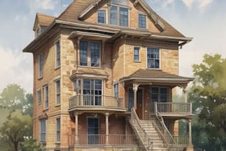 house or building into stunting with watercolor
