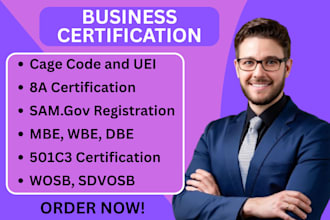 help you get certified for samgov, 8a, 501c3, mbe, wosb, government registration