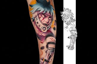 draw custom tattoo design, realistic, traditional, anime sleeve tattoo
