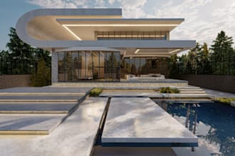 design 3d exterior luxury villa, pool patio, ,facade, minimal interior, balcony