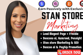 promote digital product store, stan store marketing, beacons ai, gumroad, payhip