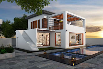 craft 3d contemporary building,tiny villa,pool rendering,interior rendering,cgi