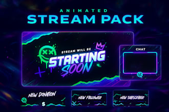 design custom twitch animated overlay, twitch logo, panels, screens