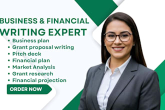 do business plan or startups, grant proposal writing, financial plan, pitch deck