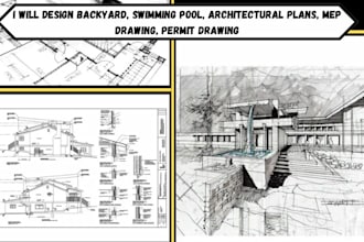 design backyard, swimming pool, architectural plans, mep drawing, permit drawing