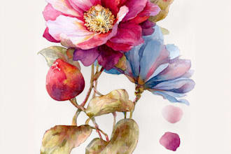 paint watercolor botanical illustration of flowers, plants, fruits