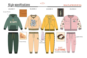 create a detailed clothing tech pack for kids, teens fashion design flat sketch