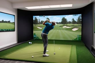 realistic 3d golf simulator environment,golf arena, cgi rendering,ceiling layout