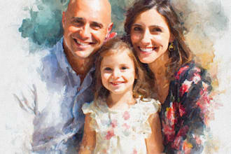 paint a family portrait into a digital watercolor painting with oil painting