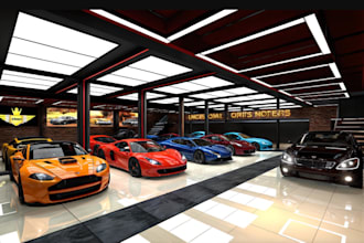 design 3d car showroom, car dealership,car park rendering, exhibition stand,cgi