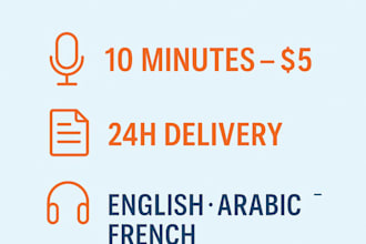 transcribe english , arabic and french audio or video to text within 24h