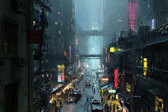 draw an illustration of futuristic cyberpunk city