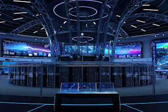 create 3d control room design, monitor room, command center