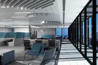 remodel an office interior, commercial space, an open coworking, floor plan, cgi