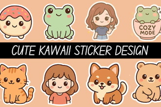 design cute kawaii animal, mascot, chibi, cartoon doodle stickers for etsy