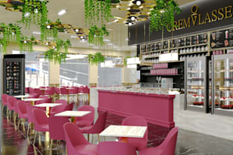 redesign desert shop,restaurant rendering,bar interior,ice cream parlor,cgi cafe