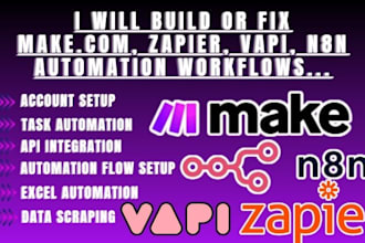 build or fix make com, zapier, vapi, n8n automation workflows ai agent