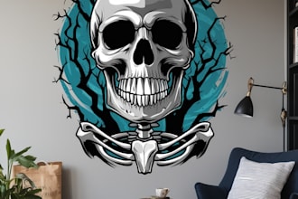 design badass skeleton skull, tshirt art, horror illustration, streetwear lotas