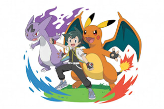draw pokemon team with you as trainer in outstanding quality