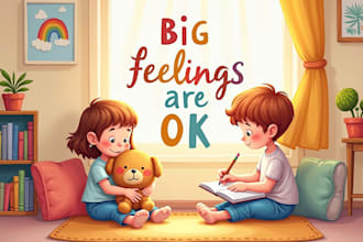 illustrate children emotions and mental wellness scenes for books and therapy