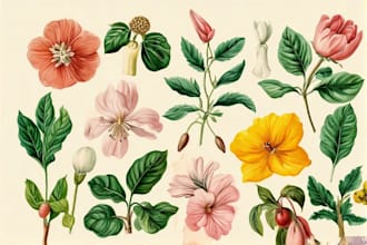 draw botanical illustrations of flowers, plants and fruits