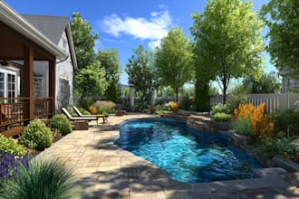 do modern landscape rendering, backyard, pool patio, garden