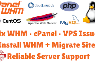 fix whm cpanel vps issues, install whm, migrate sites and setup plugins
