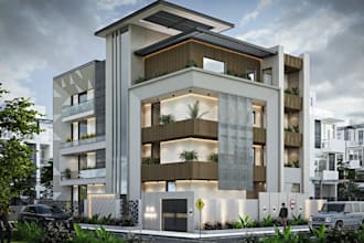 2d 3d floor plan modeling, front elevation, apartment exterior cgi render, villa