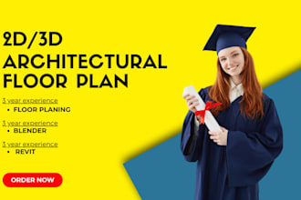 do 2d and 3d architectural floor plan by using autocad , revit and blender