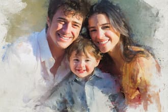 paint a family portrait into a digital watercolor painting with oil painting