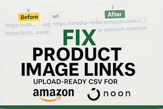 fix broken product image links and create a upload ready CSV for amazon and noon
