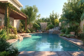 draw a swimming pool and garden landscape for your outdoor