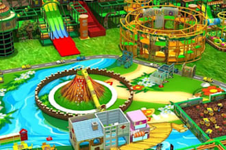 render ultra realistic 3d amusement park, zoo, safari park, water park play area