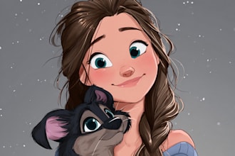 draw disney cartoon portrait of cat, dog or any pets and friendship portrait
