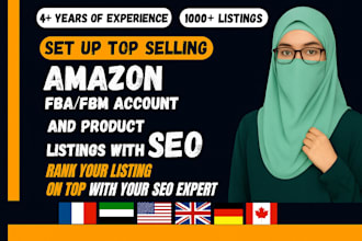 set up amazon fba fbm account, setup amazon SEO fba fbm product listings for pl