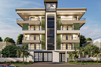recreate 3d exterior rendering,patio,mutiu story buinding, lighing,facade,