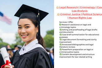 assist with legal research, editing, summaries, and criminology content