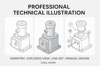 draw 2d isometric line art technical diagram for industrial manual or catalog