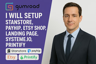 setup gumroad, stanstore, payhip, etsy shop, landing page, systeme io, printify