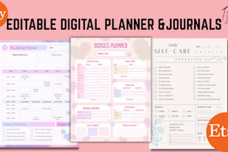 design custom printable, editable planner, digital journal for etsy listing